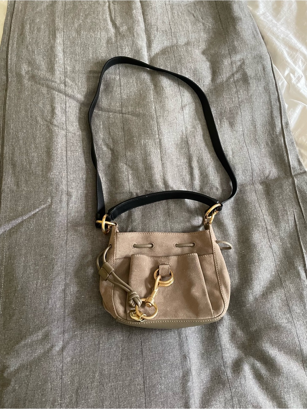 See By Chloe Beige Suede Crossbody with Black Strap and Gold Hardware